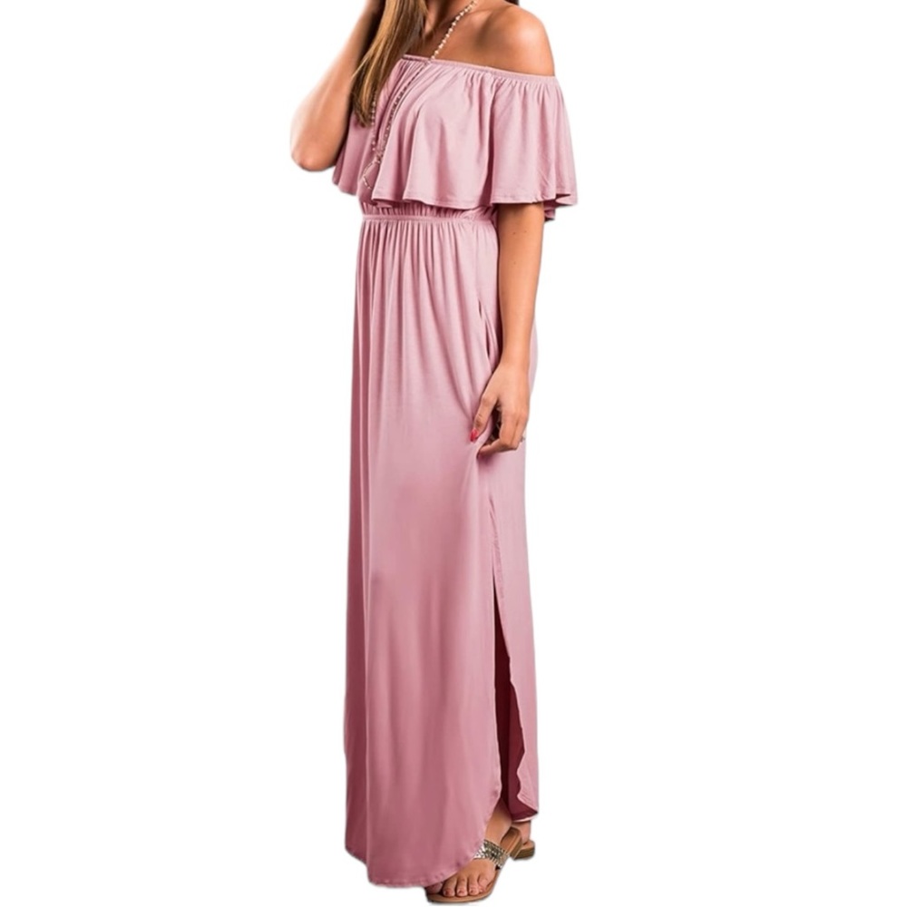 MAUVE Flowy Off The Shoulder Ruffle Party Dress Side Split Beach Maxi + POCKETS! - Picture 3 of 17